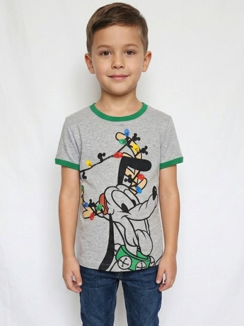 Disney Spotted Zebra Boys Gray Goofy Christmas Lights Ringer Tee Size S 6-7